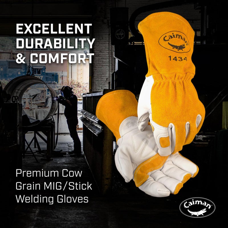 Caiman Premium Cow Grain MIG/Stick Welding Gloves, Cotton/Fleece Insulation, Kontour Design, White/Gold, Large (1434-5) - Image 4